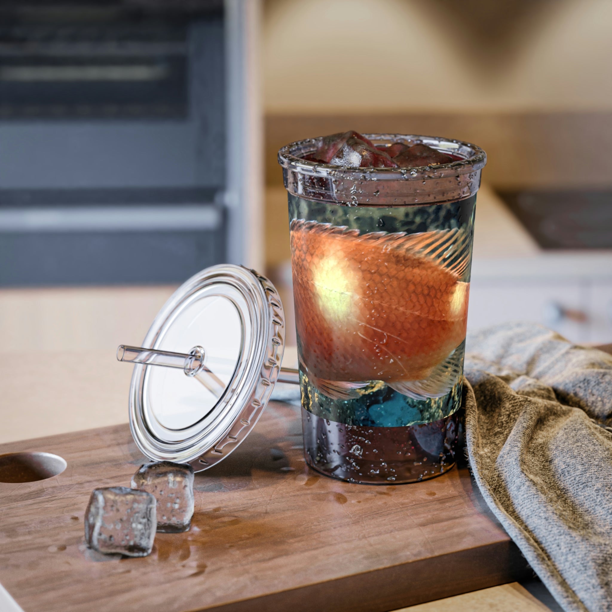 Orange Fish Suave Acrylic Cup with double-wall insulation and customizable design, perfect for hot and cold beverages.