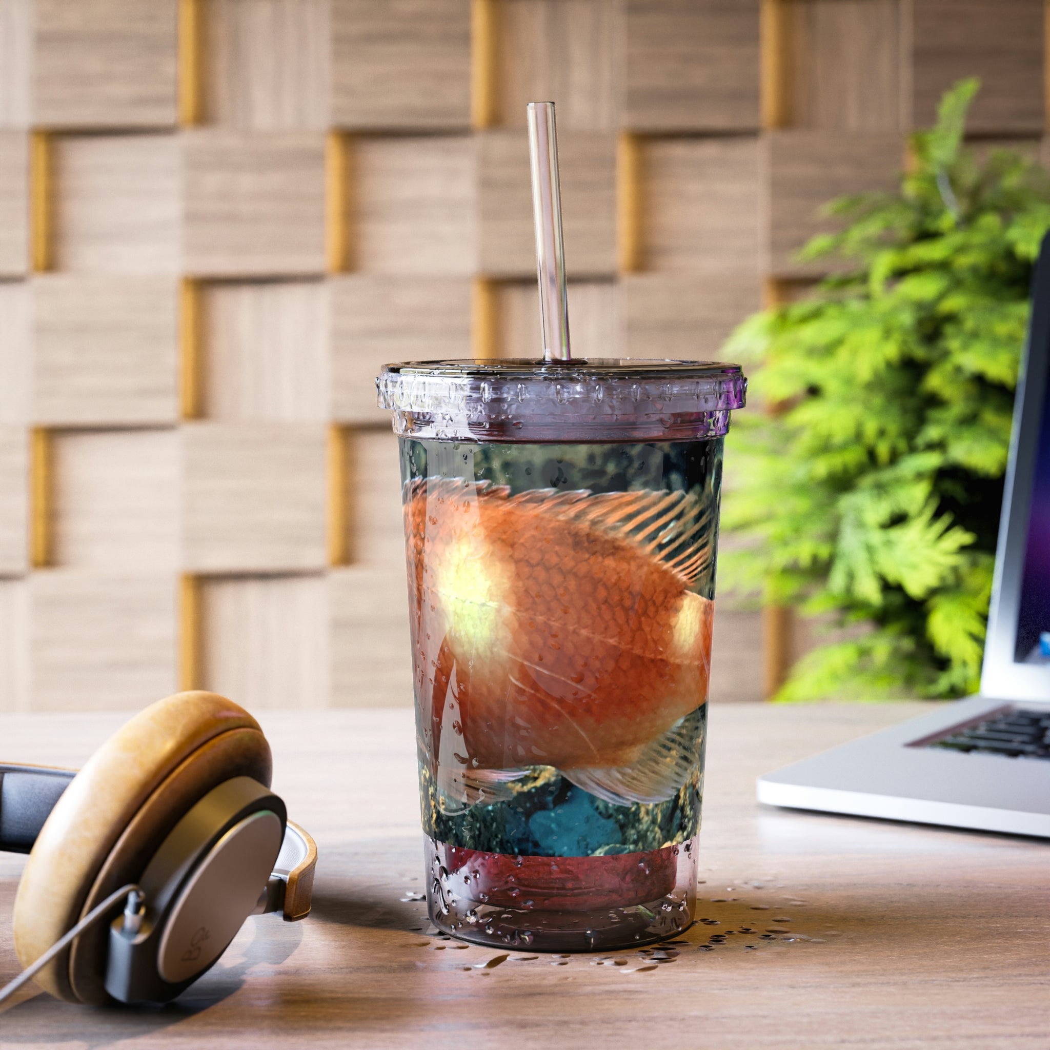Orange Fish Suave Acrylic Cup with double-wall insulation and customizable design, perfect for hot and cold beverages.