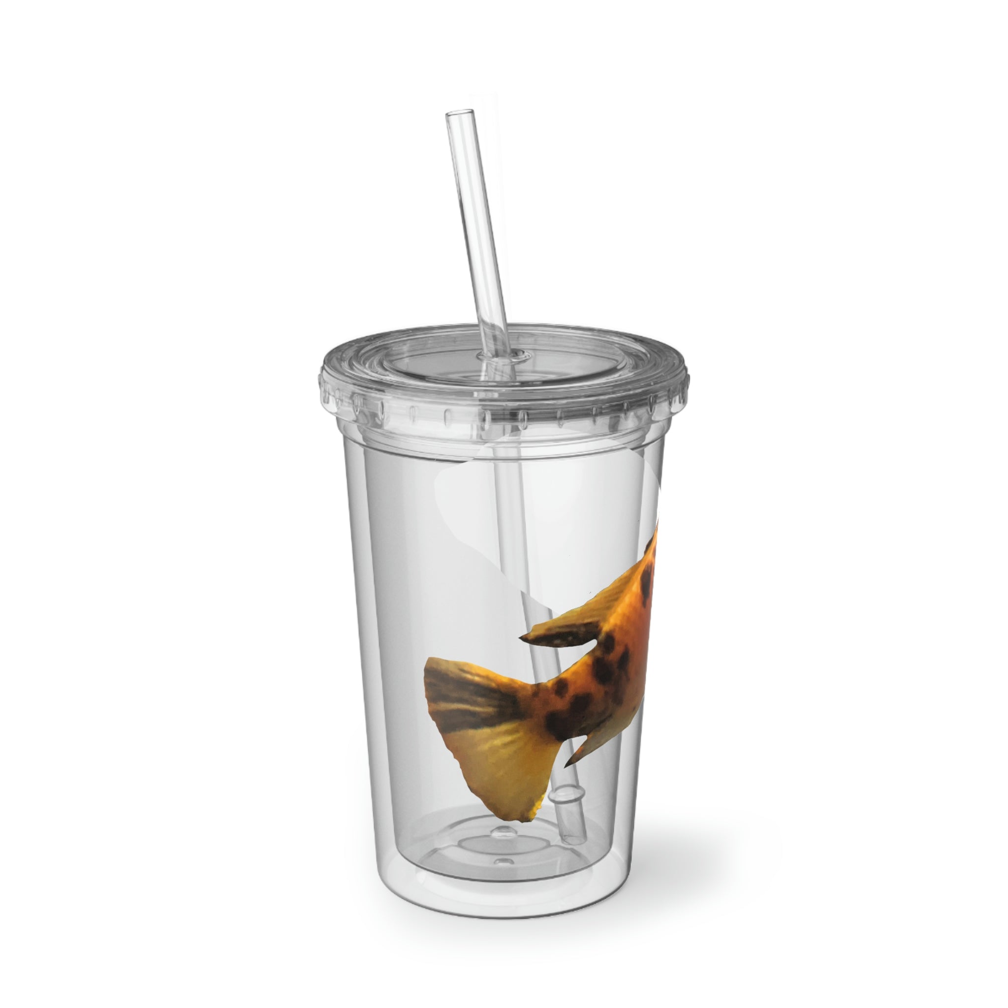 Orange Fish Suave Acrylic Cup with double-wall insulation, featuring a vibrant design and a straw.