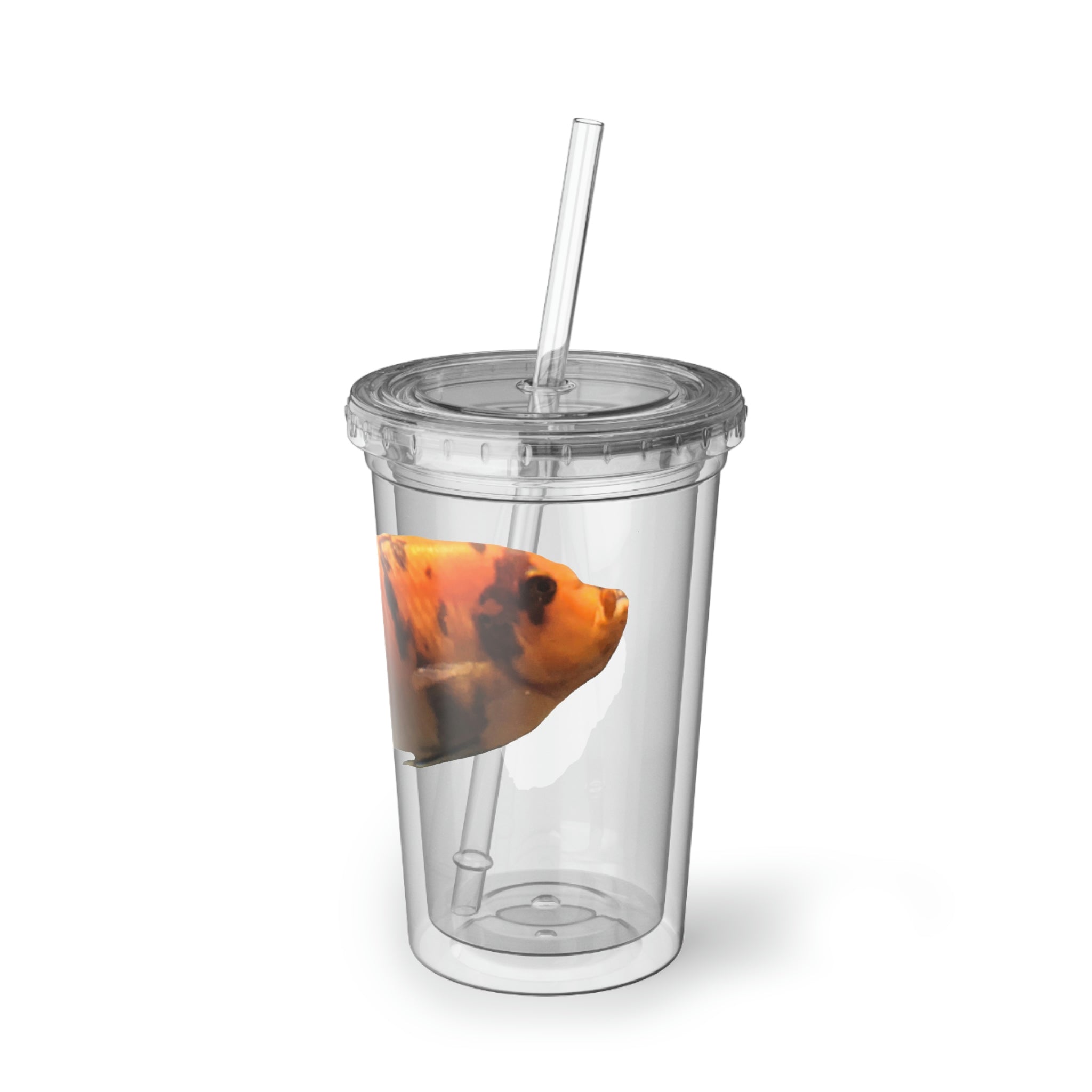 Orange Fish Suave Acrylic Cup with double-wall insulation, featuring a vibrant design and a straw.