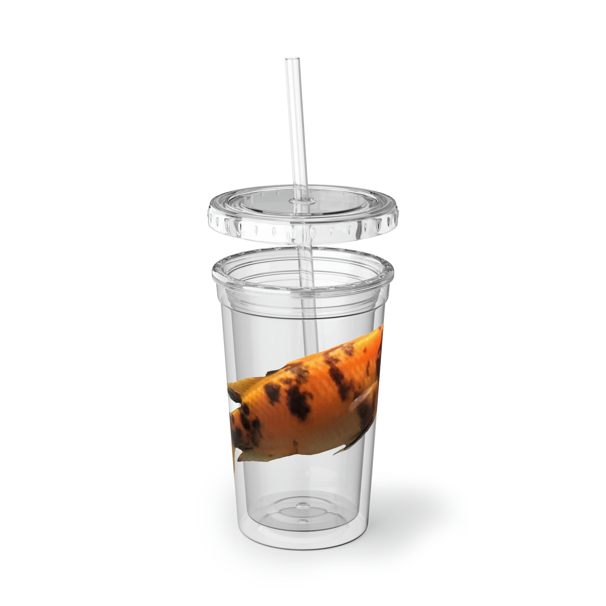 Orange Fish Suave Acrylic Cup with double-wall insulation, featuring a vibrant design and a straw.