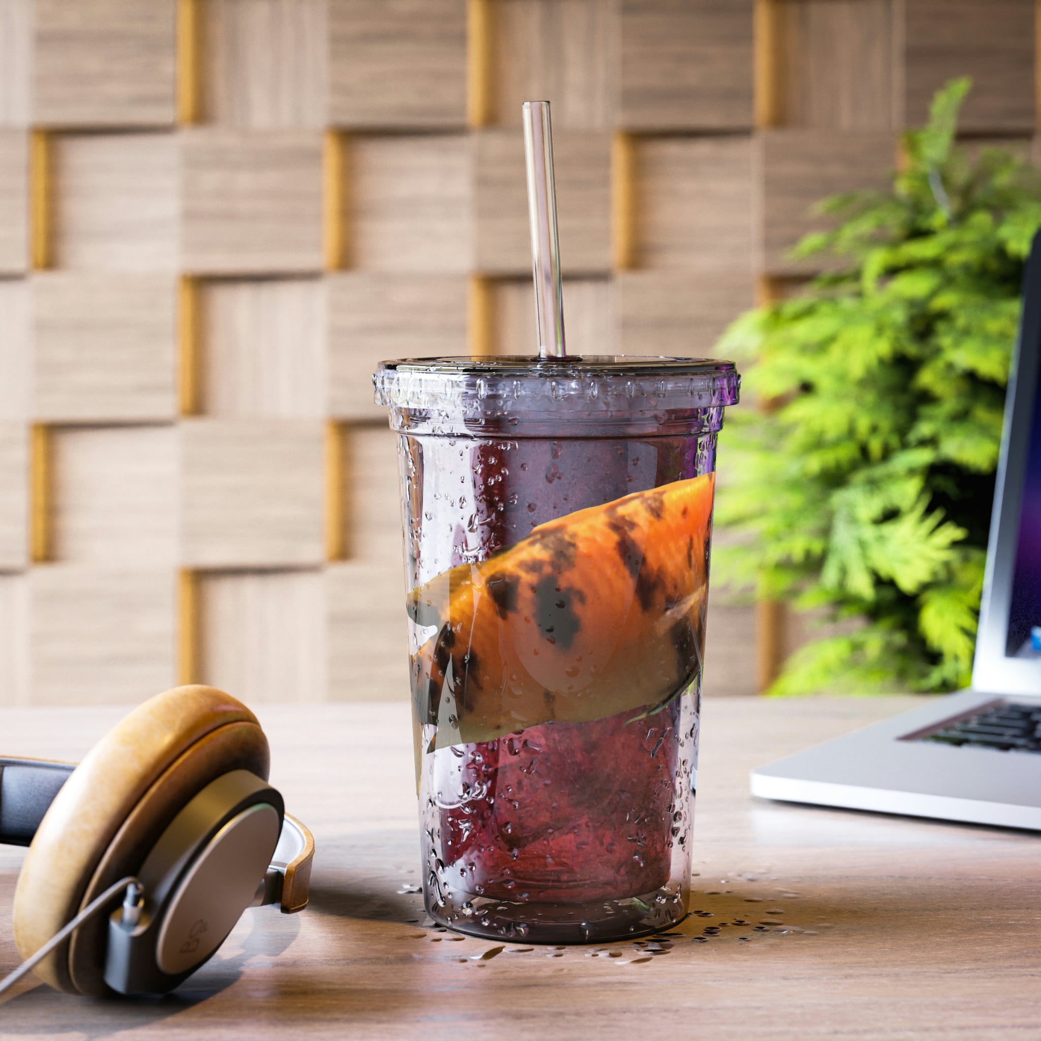 Orange Fish Suave Acrylic Cup with double-wall insulation, featuring a vibrant design and a straw.