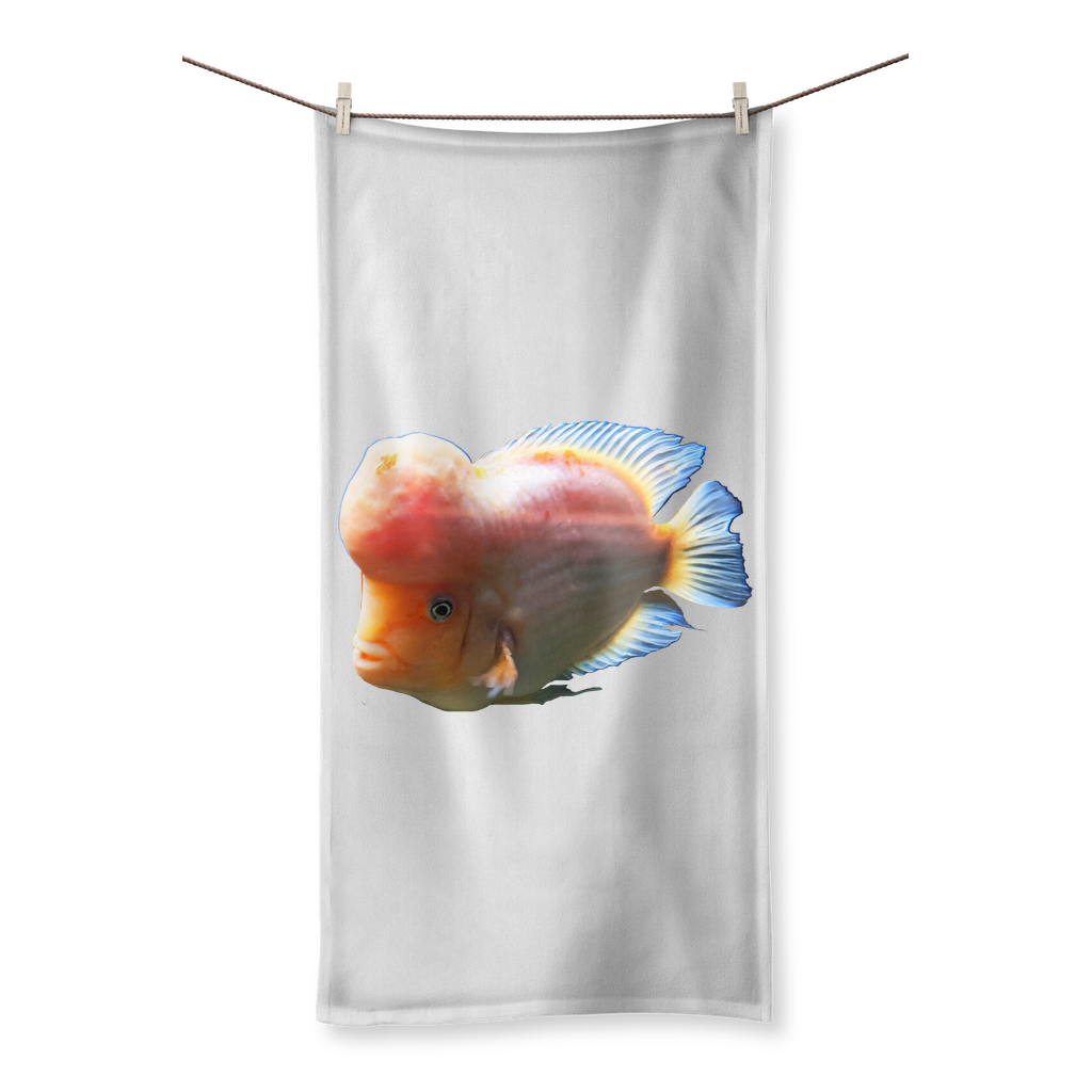 Orange Fish Sublimation All Over Towel featuring vibrant fish design on one side and soft cotton backing on the other.