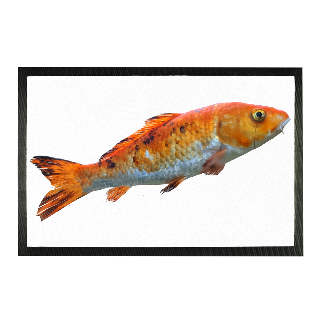 Orange Fish Sublimation Doormat featuring a vibrant fish design on a durable rubber base, perfect for home entryways.
