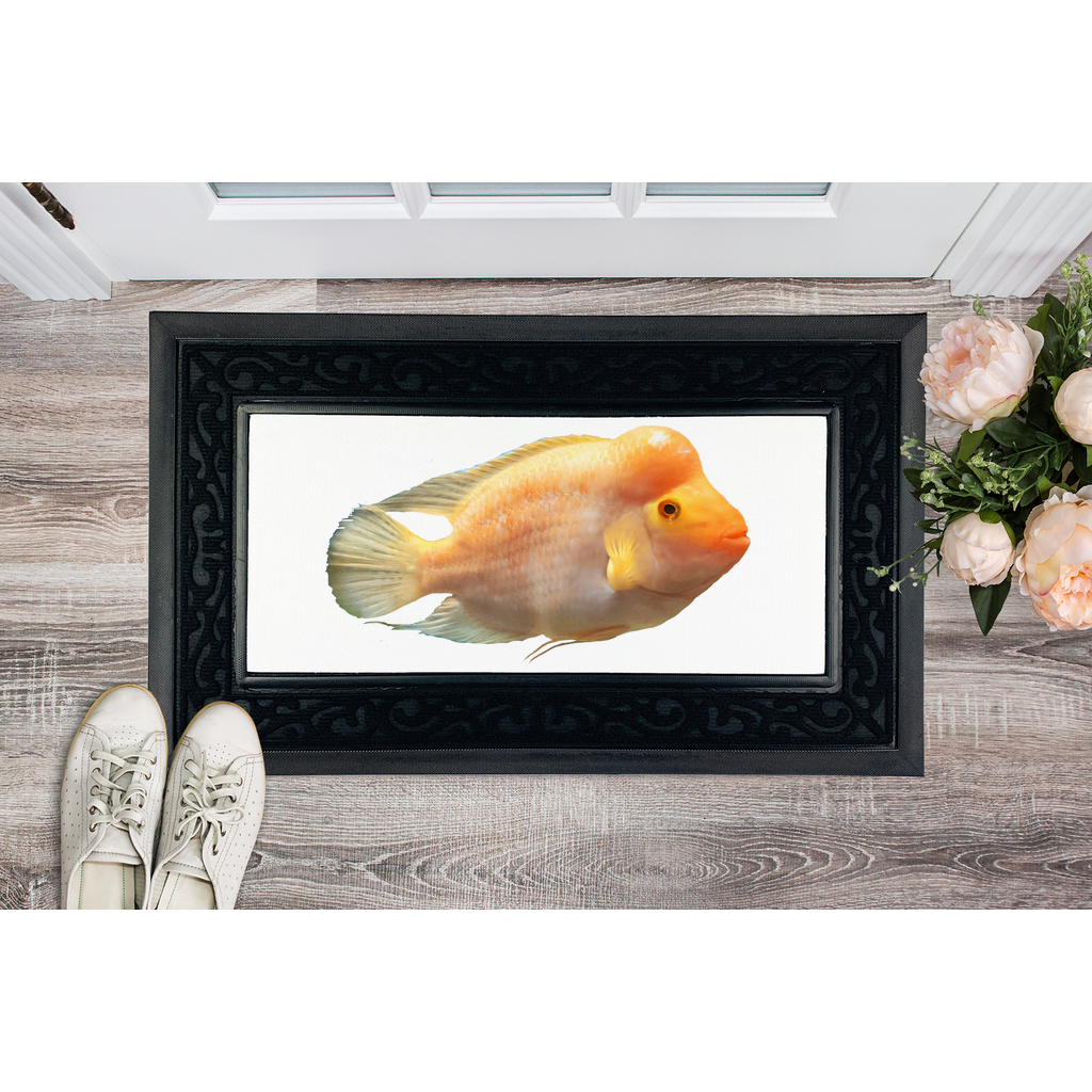 Orange Fish Sublimation Heavy Duty Door Mat with a stylish fabric brush border and non-slip rubber base, perfect for home entrances.