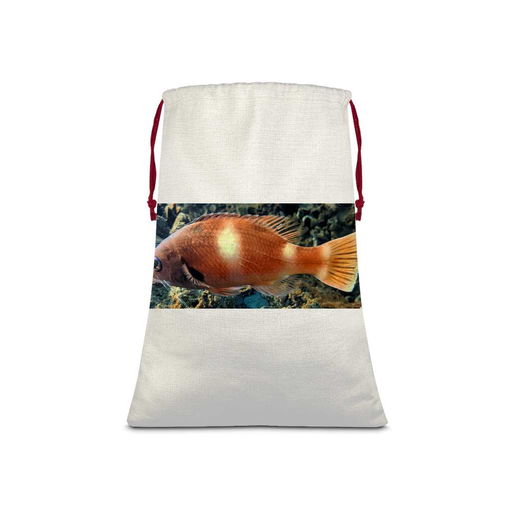 Orange Fish Sublimation Linen Drawstring Sack with red drawstring, featuring a vibrant fish design, perfect for Christmas gifts and laundry.