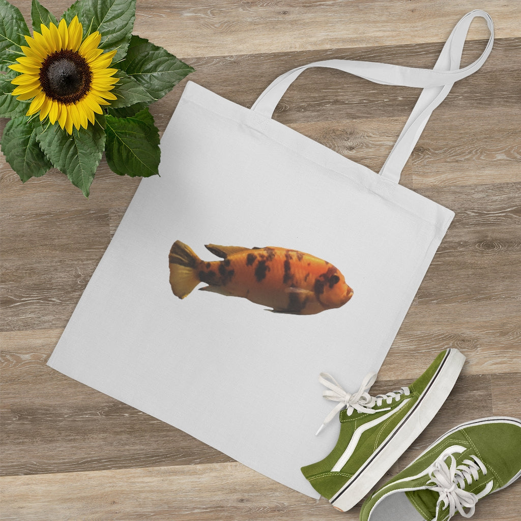 Orange Fish Tote Bag with long handles and vibrant fish design, made from durable 100% cotton fabric.