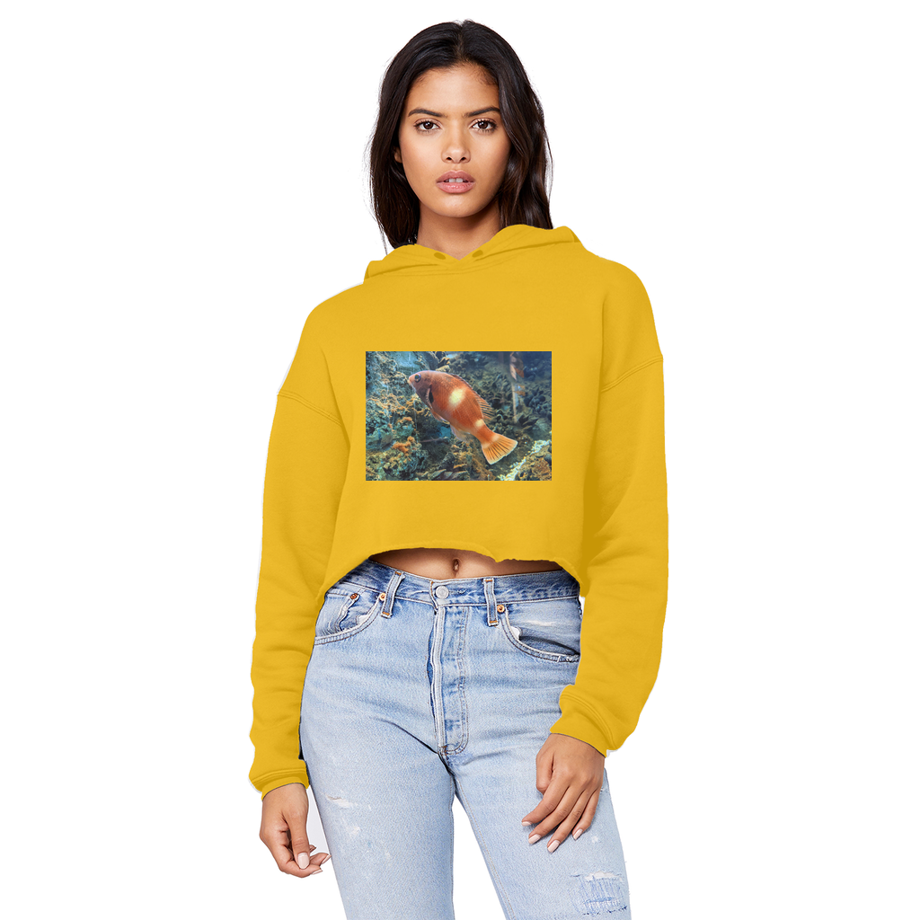 Orange Fish Unisex Cropped Raw Edge Boyfriend Hoodie showcasing its relaxed fit, raw edge hem, and double fabric hood.