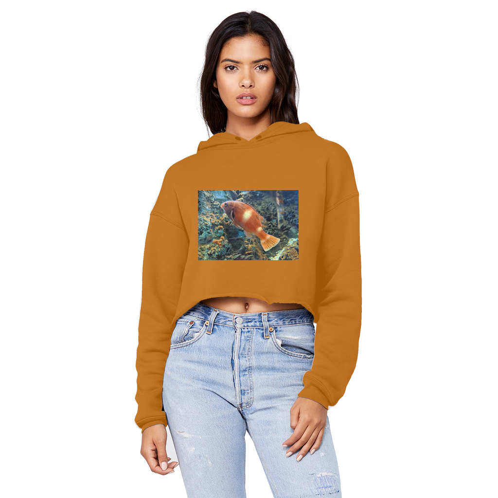Orange Fish Unisex Cropped Raw Edge Boyfriend Hoodie showcasing its relaxed fit, raw edge hem, and double fabric hood.
