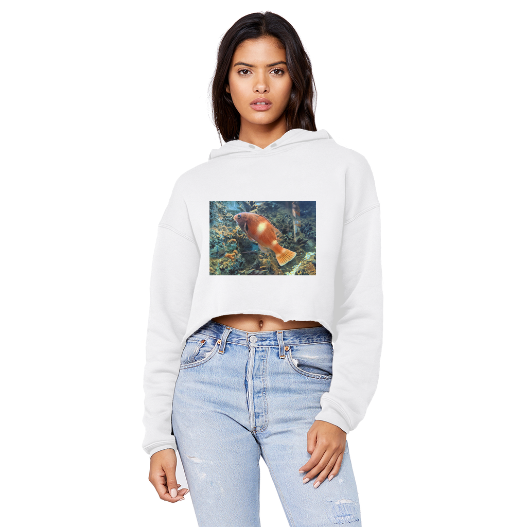 Orange Fish Unisex Cropped Raw Edge Boyfriend Hoodie showcasing its relaxed fit, raw edge hem, and double fabric hood.