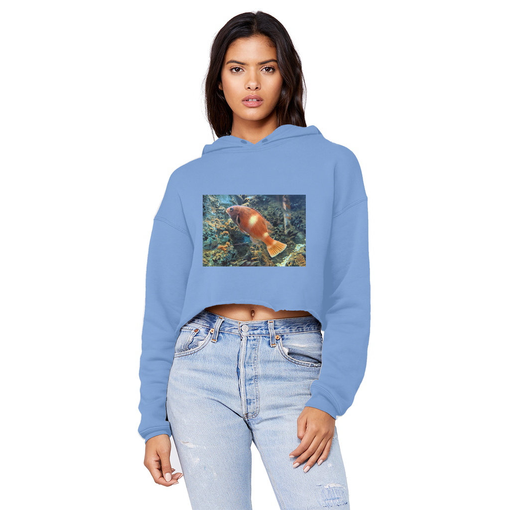 Orange Fish Unisex Cropped Raw Edge Boyfriend Hoodie showcasing its relaxed fit, raw edge hem, and double fabric hood.