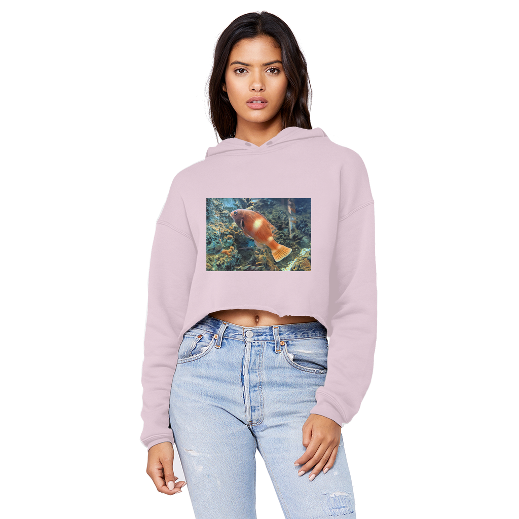 Orange Fish Unisex Cropped Raw Edge Boyfriend Hoodie showcasing its relaxed fit, raw edge hem, and double fabric hood.