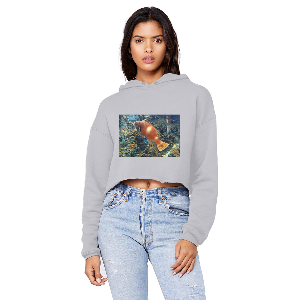 Orange Fish Unisex Cropped Raw Edge Boyfriend Hoodie showcasing its relaxed fit, raw edge hem, and double fabric hood.