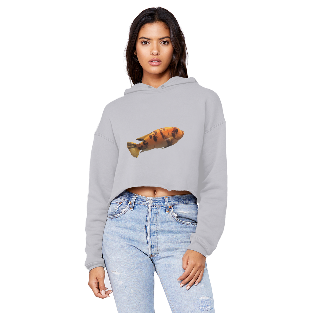 Orange Fish Unisex Cropped Raw Edge Boyfriend Hoodie displayed on a mannequin, showcasing its trendy raw edge hem and soft fabric.