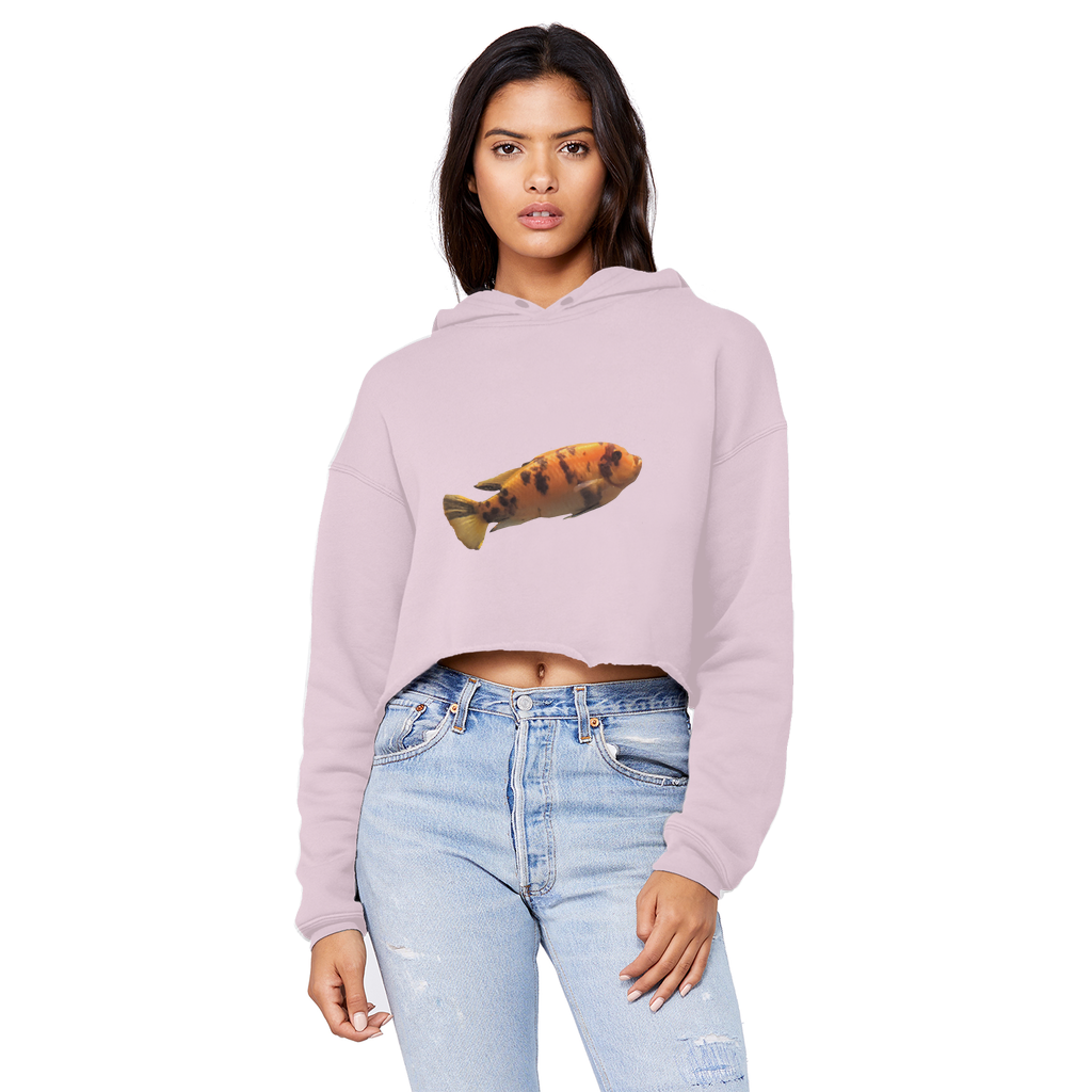 Orange Fish Unisex Cropped Raw Edge Boyfriend Hoodie displayed on a mannequin, showcasing its trendy raw edge hem and soft fabric.