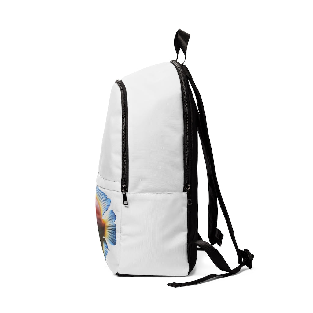 Orange Fish Unisex Fabric Backpack featuring a vibrant design, padded back panel, and adjustable shoulder straps, ideal for school and travel.
