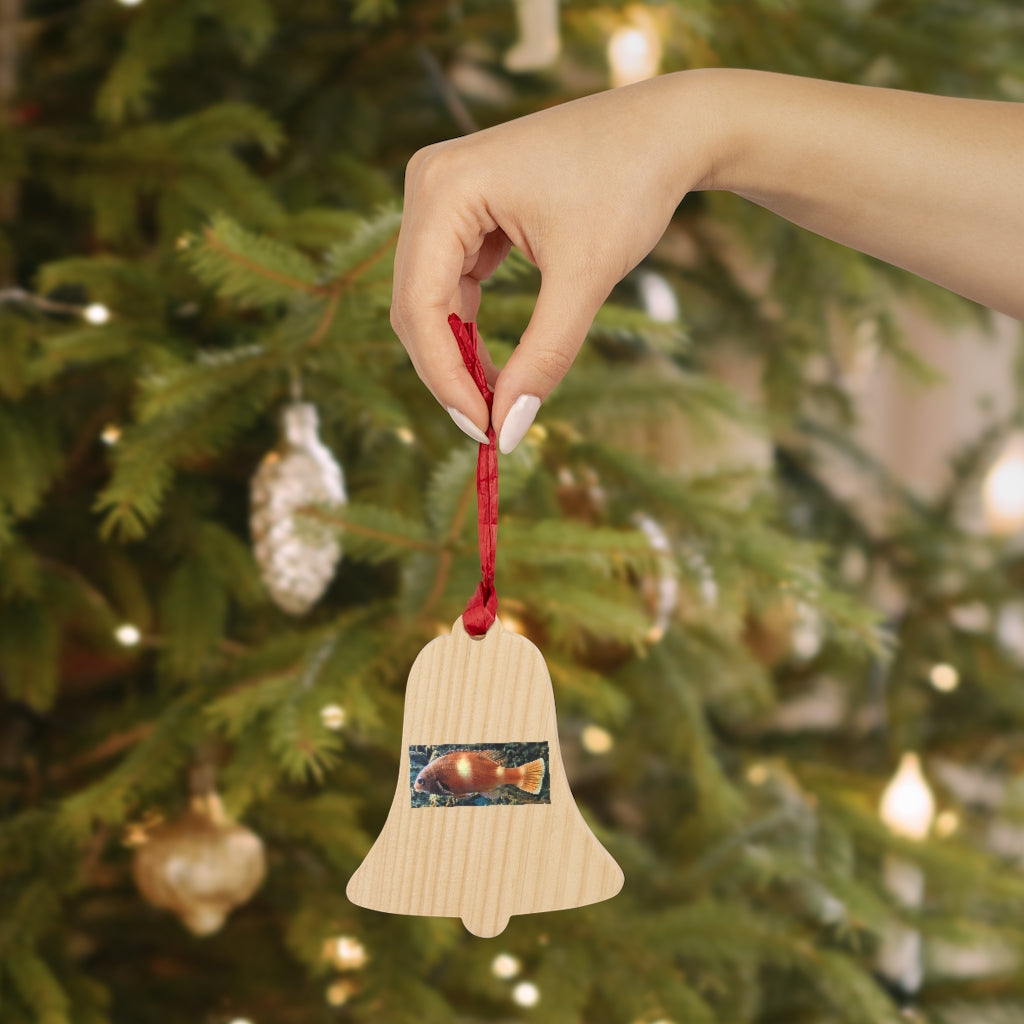 Orange Fish Wooden Christmas Ornaments with red ribbon, showcasing whimsical shapes and a rustic wooden finish.