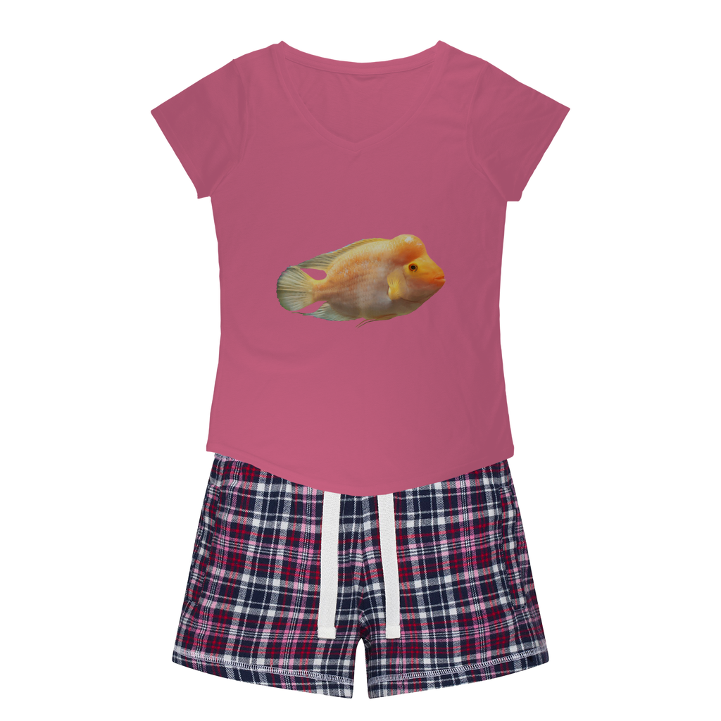 Orange Fish Women's Sleepy Tee and Flannel Short set featuring a relaxed fit T-shirt and colorful flannel shorts, perfect for cozy nights.