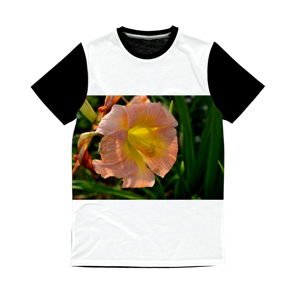 Orange Flower Classic Sublimation Panel T-Shirt featuring vibrant floral design on the front and plain black back.