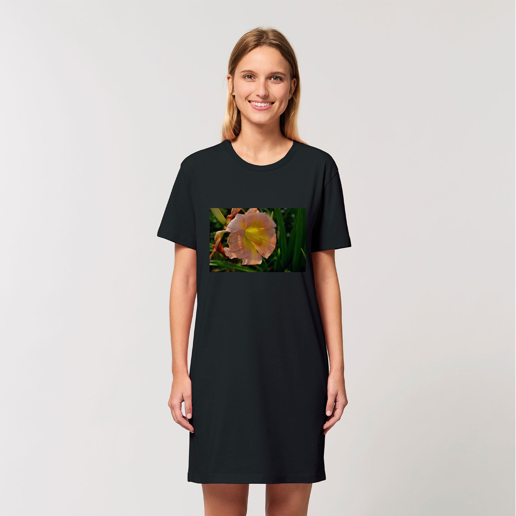 A stylish Orange Flower Organic T-Shirt Dress made from 100% organic cotton, featuring a comfortable fit and vibrant floral design.