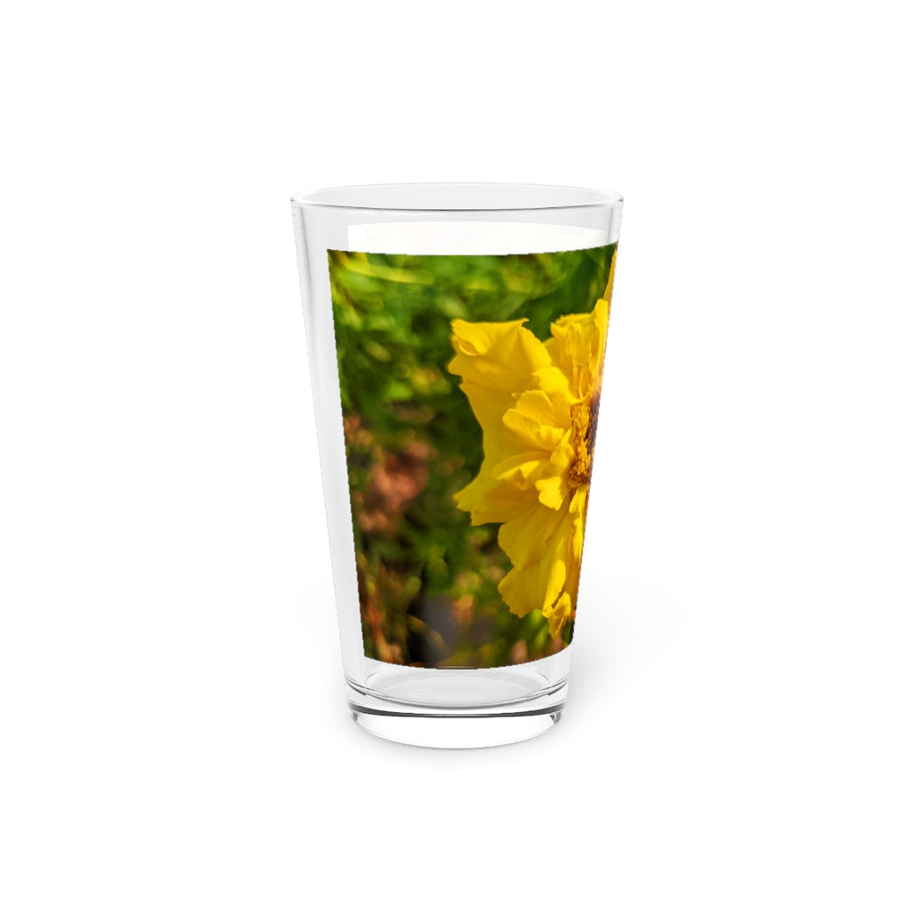 Orange Flower Pint Glass, 16oz, clear glass with floral design, perfect for beverages.