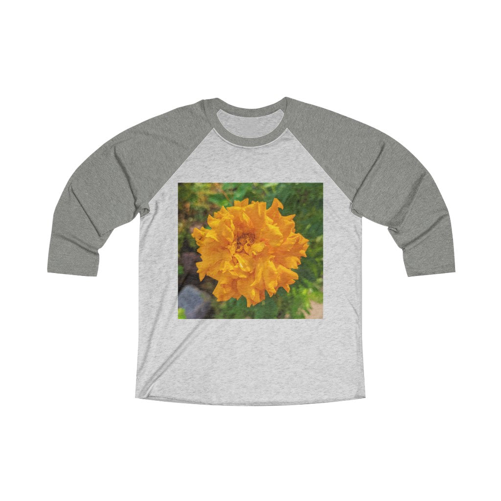 Orange Flower Unisex Tri-Blend 3/4 Raglan Tee featuring a vibrant floral design and comfortable fit.