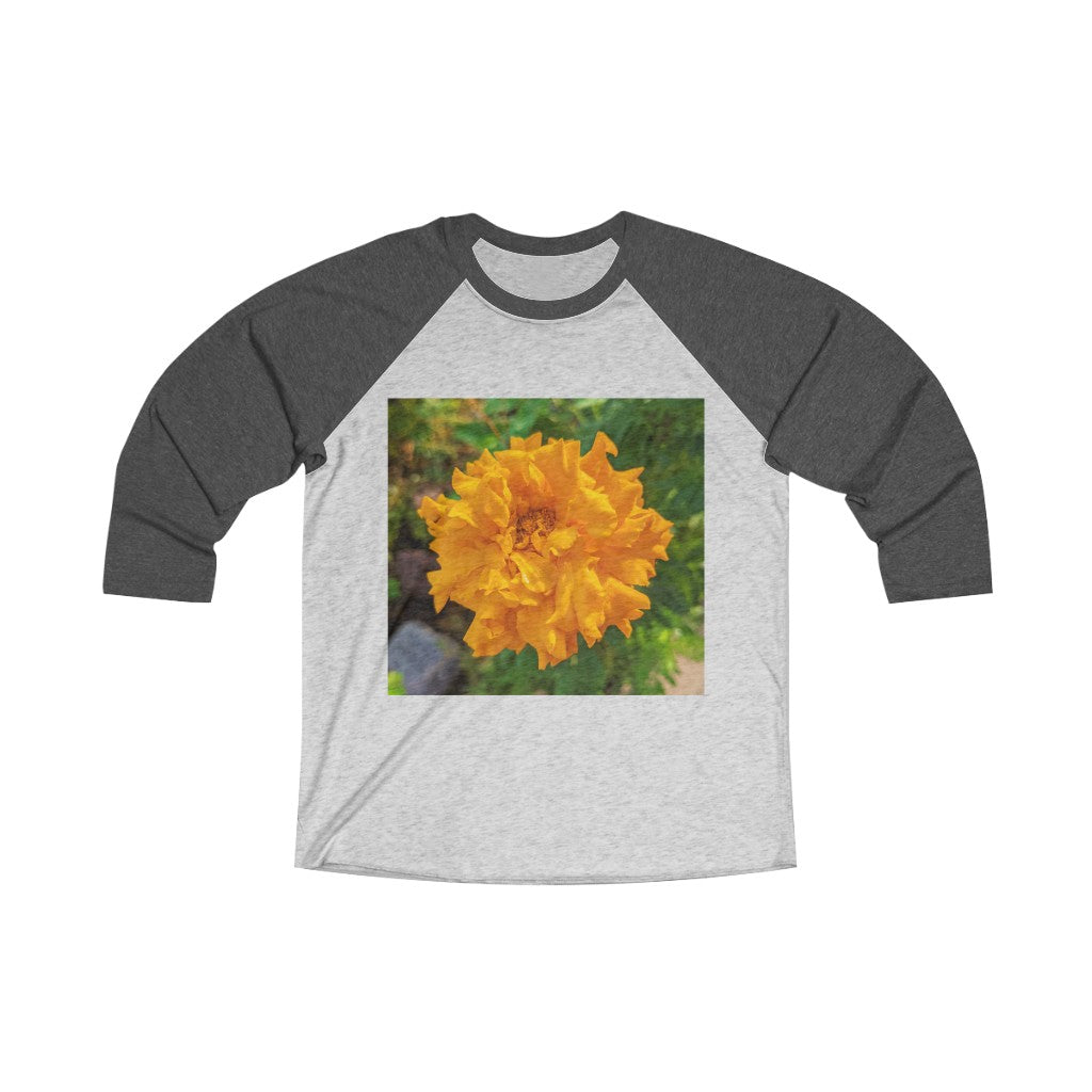Orange Flower Unisex Tri-Blend 3/4 Raglan Tee featuring a vibrant floral design and comfortable fit.