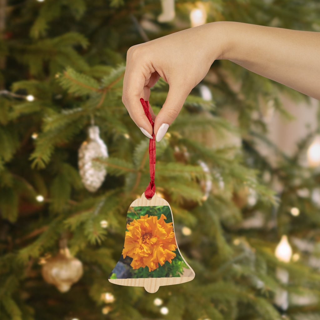 Orange Flower Wooden Christmas Ornaments in various whimsical shapes with red ribbons, showcasing rustic charm and magnetic backs.