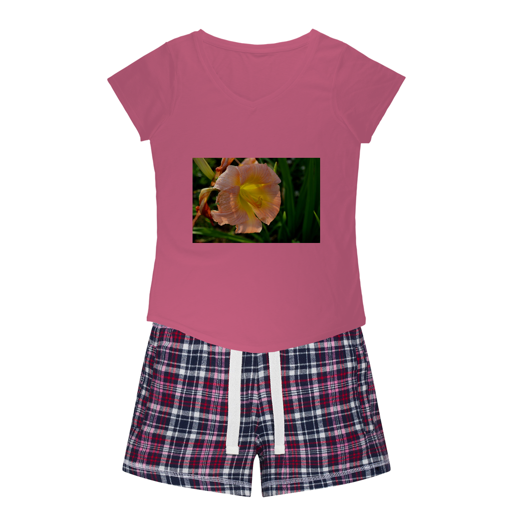 Orange Flower Women's Sleepy Tee and Flannel Short set featuring a relaxed fit T-shirt and colorful flannel shorts, perfect for comfortable sleepwear.