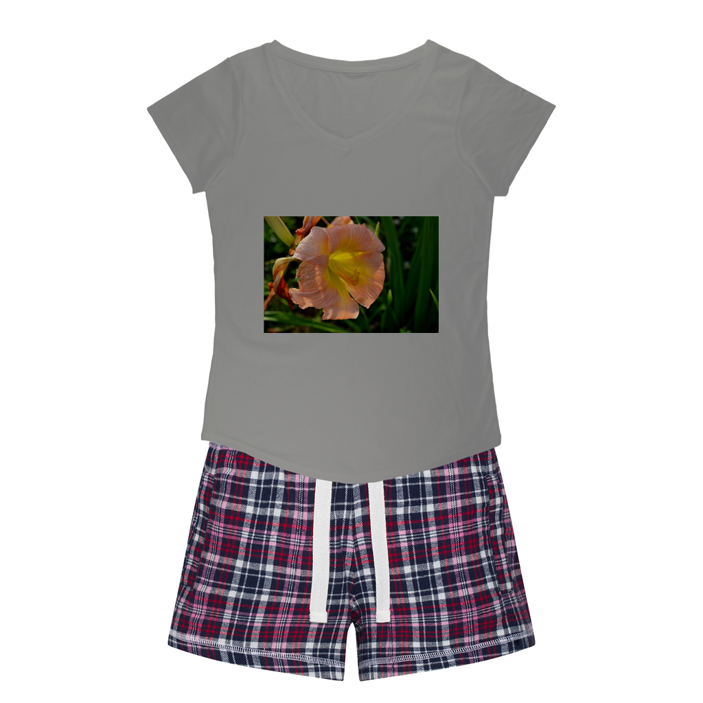 Orange Flower Women's Sleepy Tee and Flannel Short set featuring a relaxed fit T-shirt and colorful flannel shorts, perfect for comfortable sleepwear.