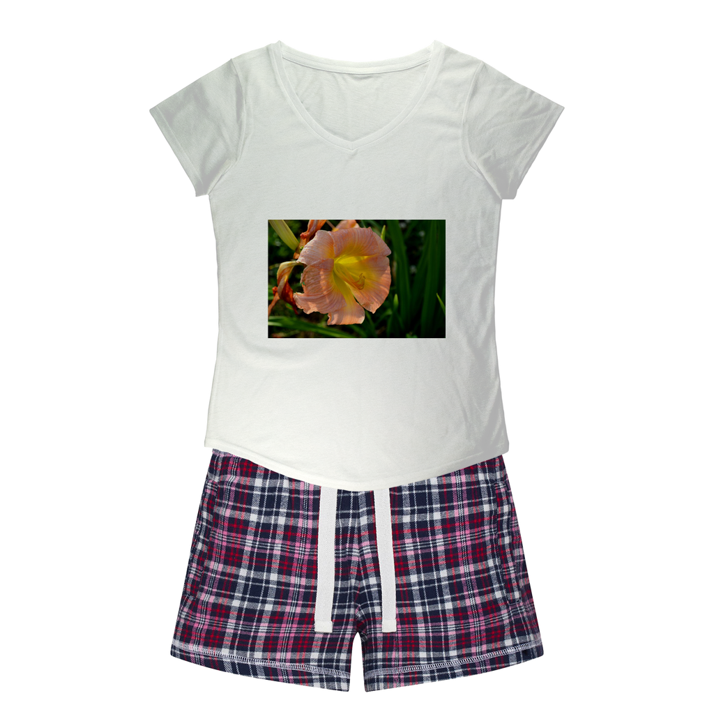 Orange Flower Women's Sleepy Tee and Flannel Short set featuring a relaxed fit T-shirt and colorful flannel shorts, perfect for comfortable sleepwear.