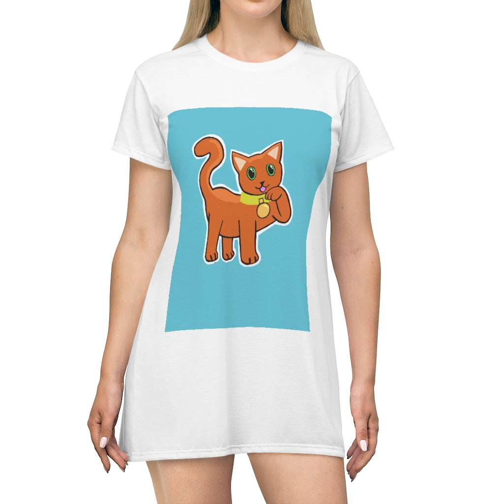 A vibrant orange t-shirt dress featuring an all-over kitty print, showcasing a playful and stylish design perfect for casual outings.