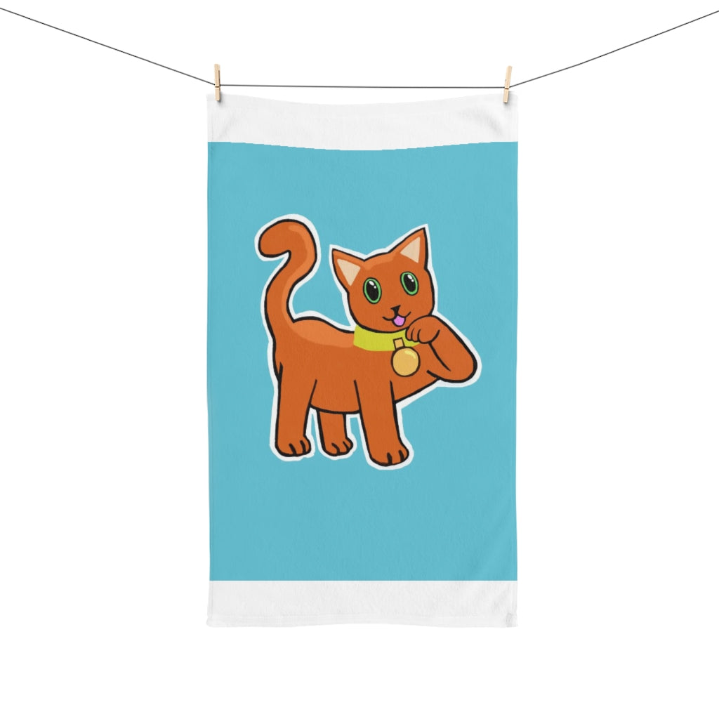 Orange Kitty Hand Towel featuring a vibrant kitty design on a soft polyester front and cotton back, ideal for bathroom decor.