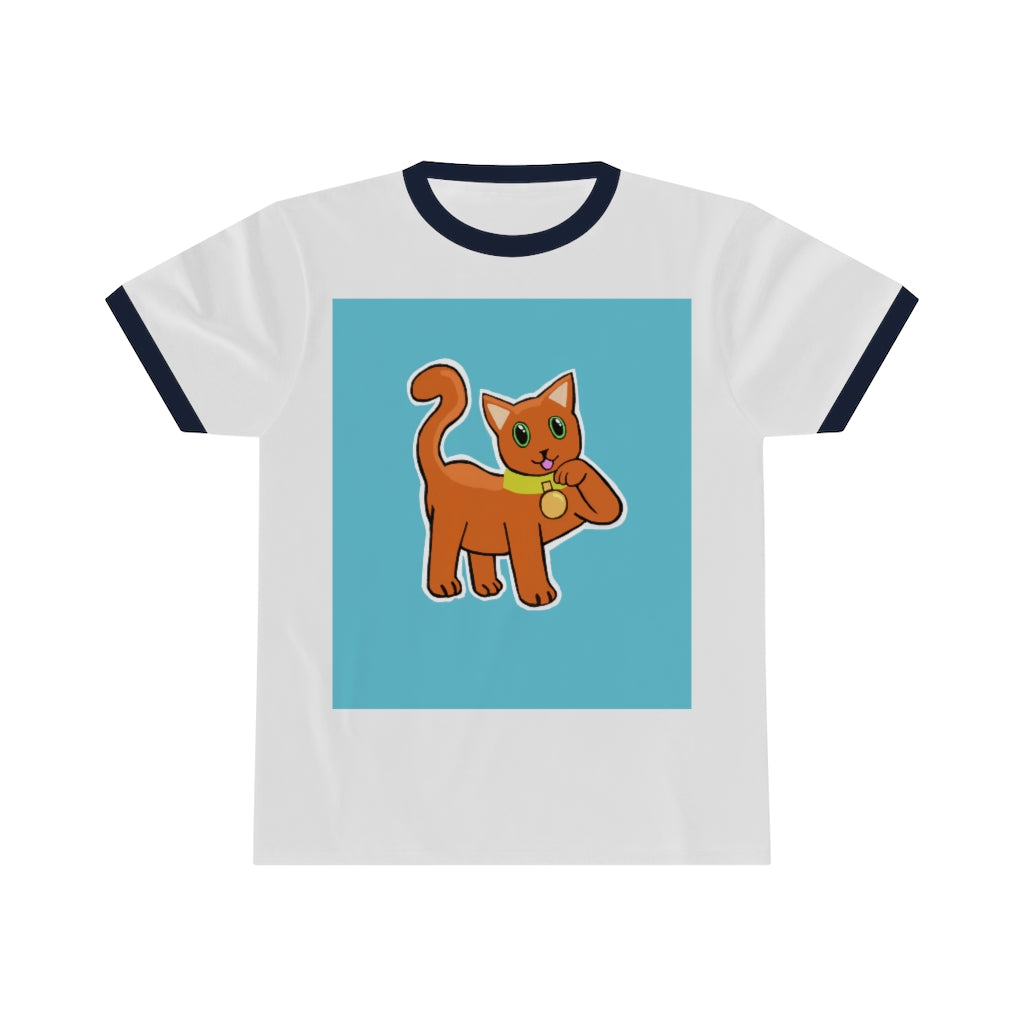 Orange Kitty Unisex Ringer Tee showcasing vibrant colors and classic design, perfect for summer wear.