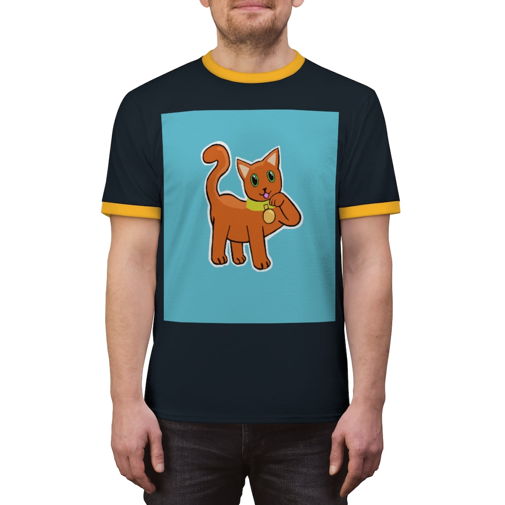 Orange Kitty Unisex Ringer Tee showcasing vibrant colors and classic design, perfect for summer wear.