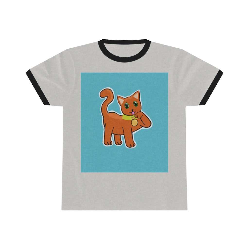 Orange Kitty Unisex Ringer Tee showcasing vibrant colors and classic design, perfect for summer wear.