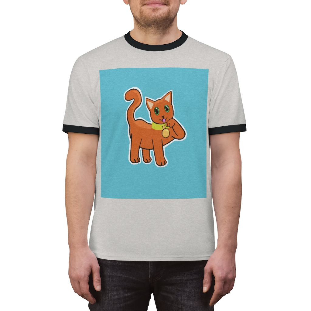 Orange Kitty Unisex Ringer Tee showcasing vibrant colors and classic design, perfect for summer wear.