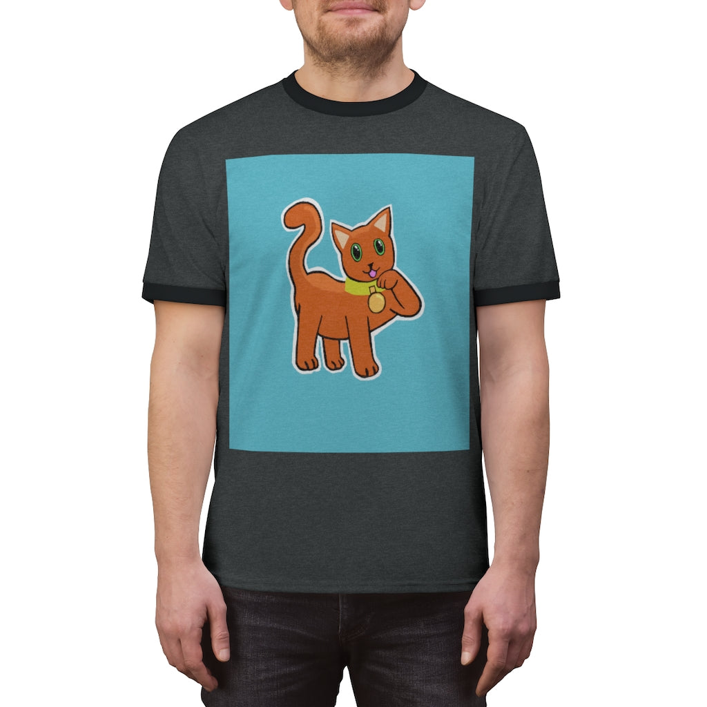 Orange Kitty Unisex Ringer Tee showcasing vibrant colors and classic design, perfect for summer wear.