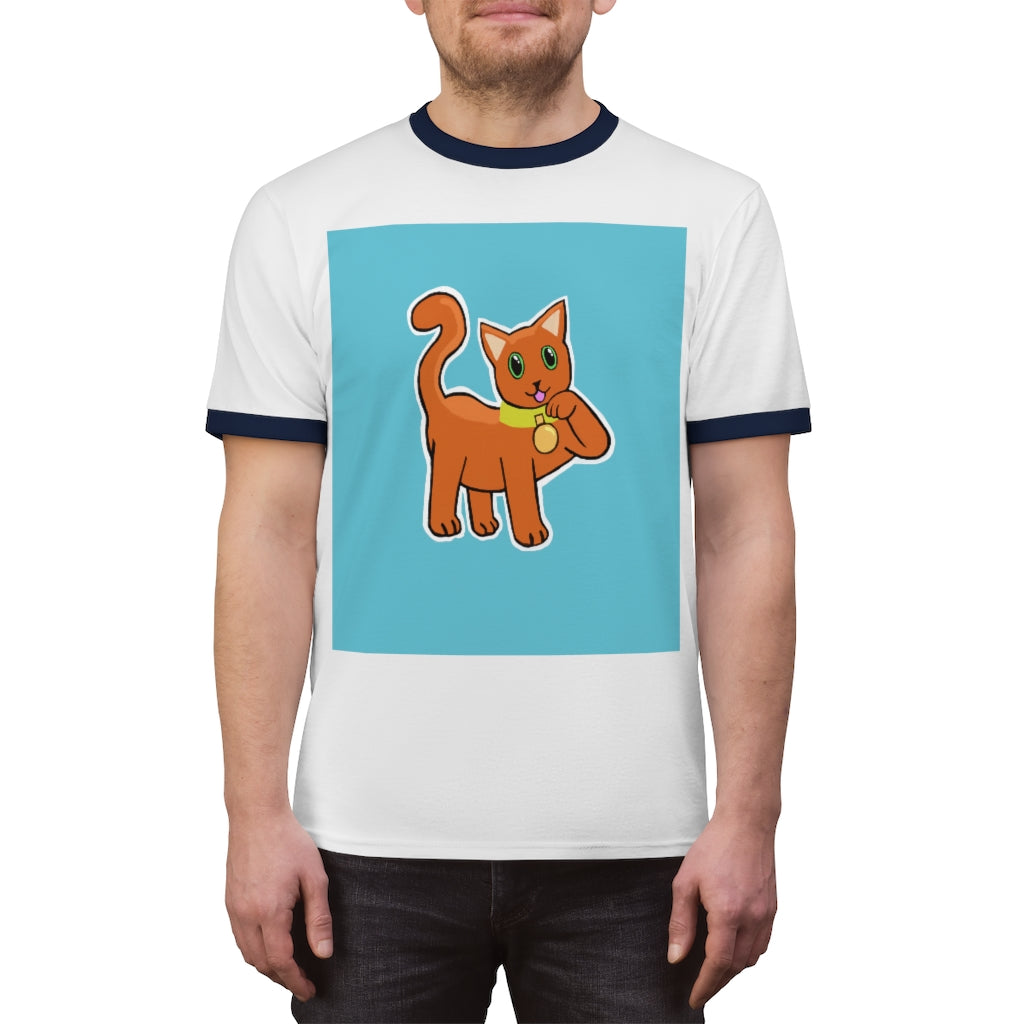 Orange Kitty Unisex Ringer Tee showcasing vibrant colors and classic design, perfect for summer wear.