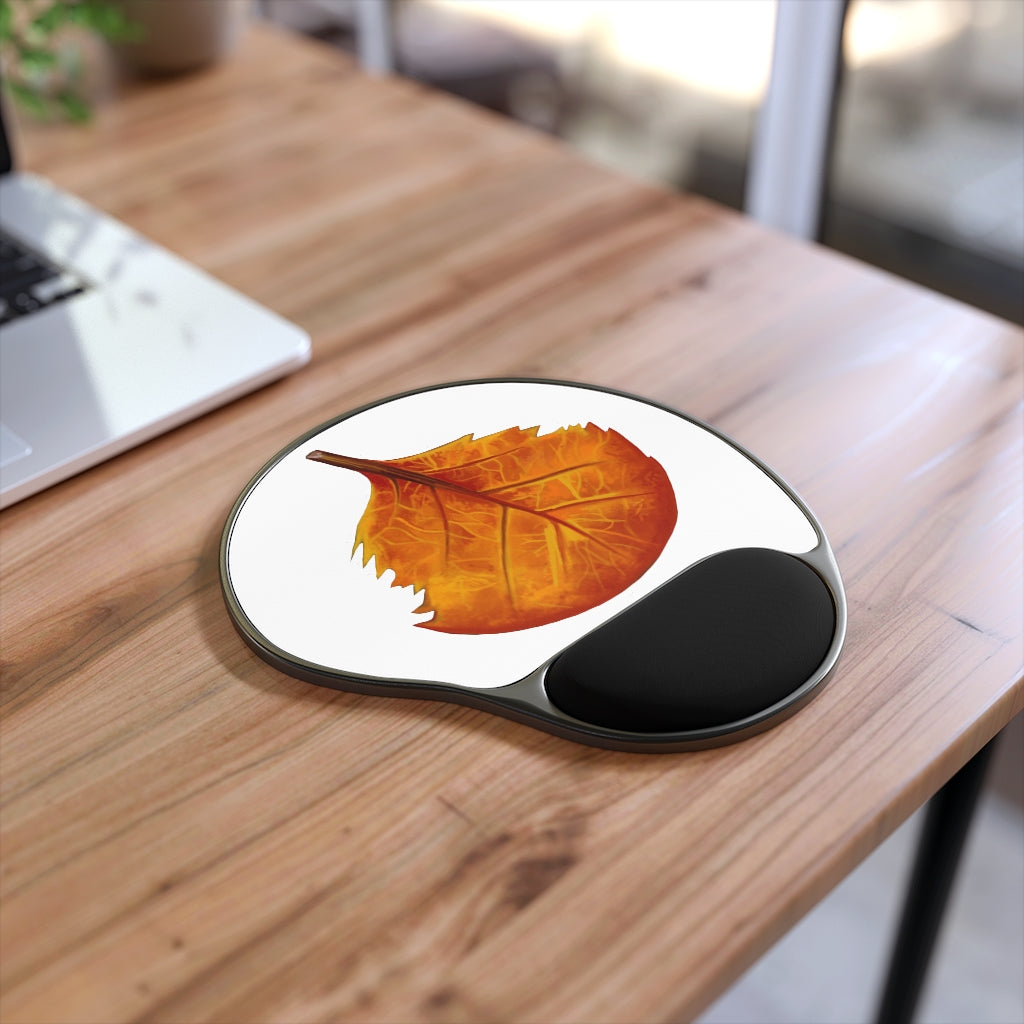 Orange Leaf Mouse Pad with ergonomic Memory Foam wrist rest and vibrant design.