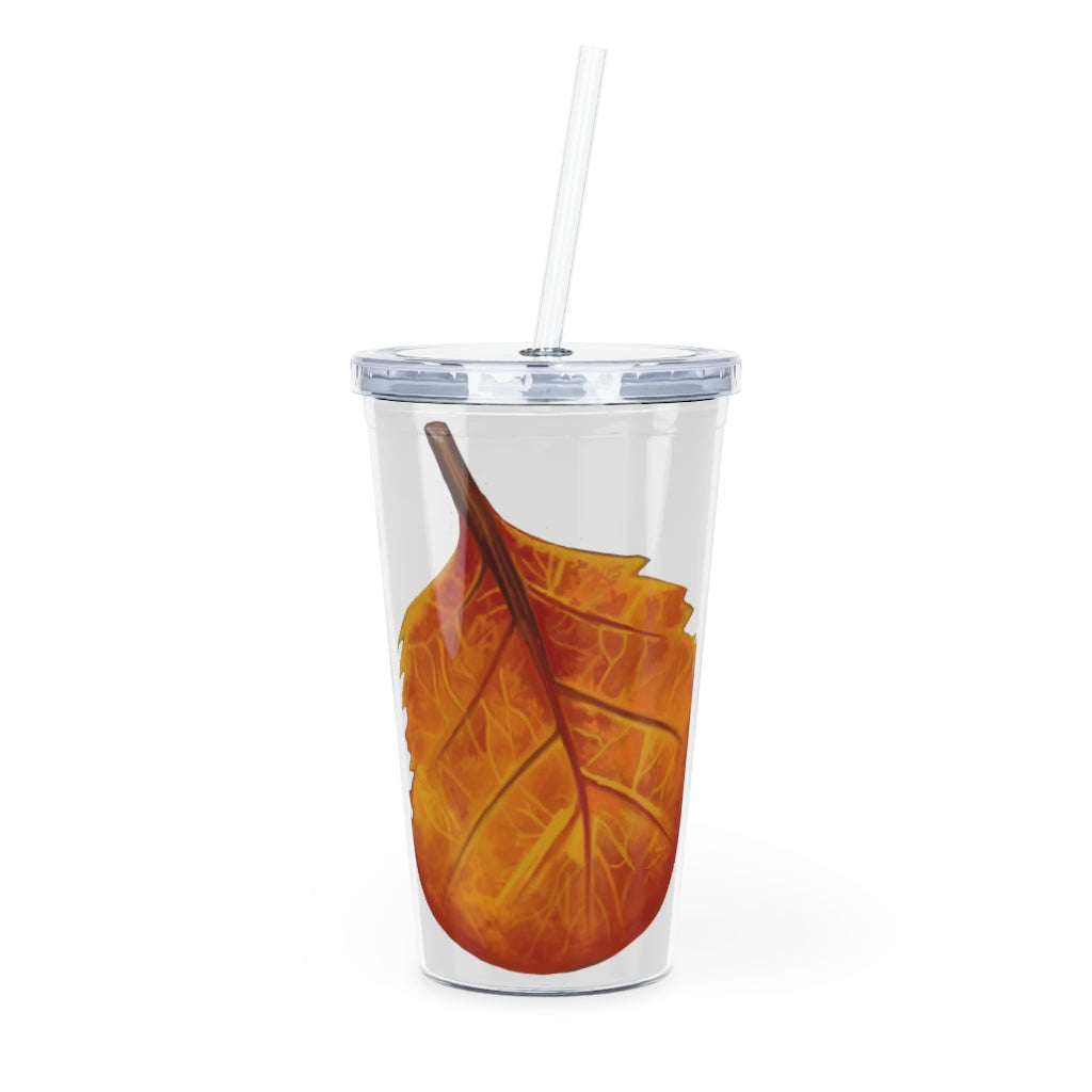 Orange Leaf Plastic Tumbler with Straw, featuring a customizable design insert and double wall insulation for temperature control.