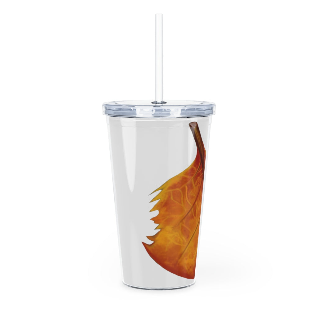 Orange Leaf Plastic Tumbler with Straw, featuring a customizable design insert and double wall insulation for temperature control.