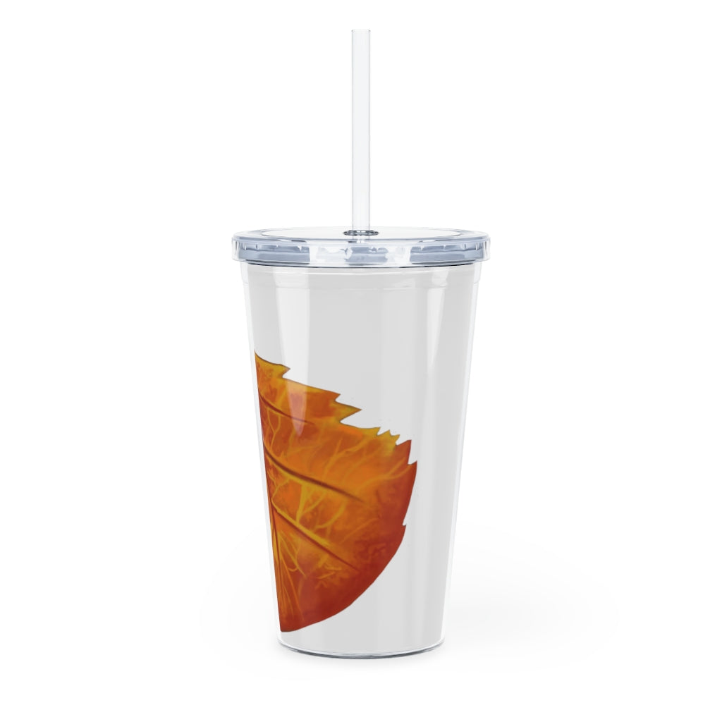 Orange Leaf Plastic Tumbler with Straw, featuring a customizable design insert and double wall insulation for temperature control.