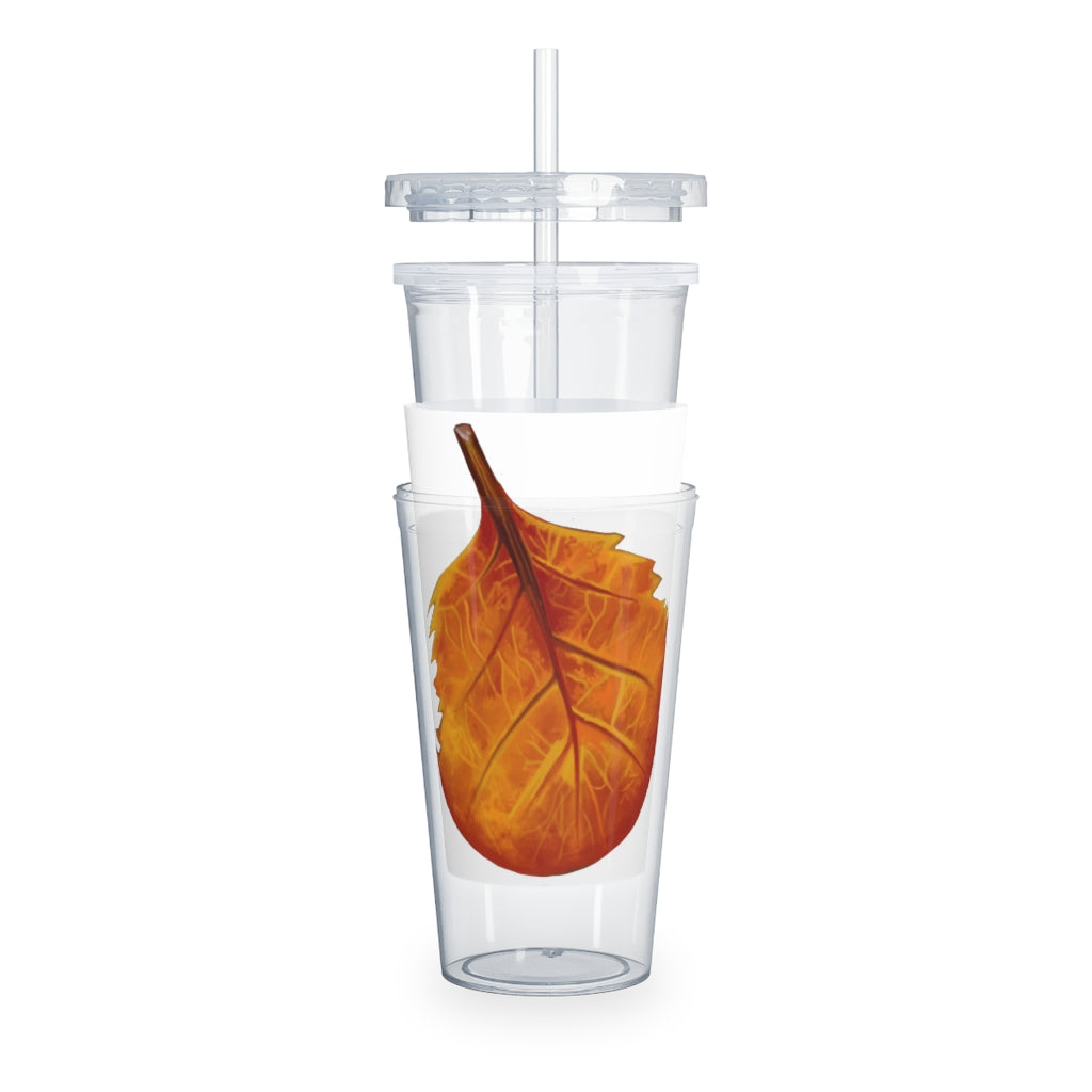 Orange Leaf Plastic Tumbler with Straw, featuring a customizable design insert and double wall insulation for temperature control.