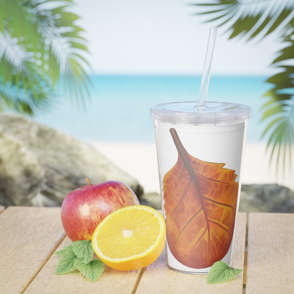 Orange Leaf Plastic Tumbler with Straw, featuring a customizable design insert and double wall insulation for temperature control.