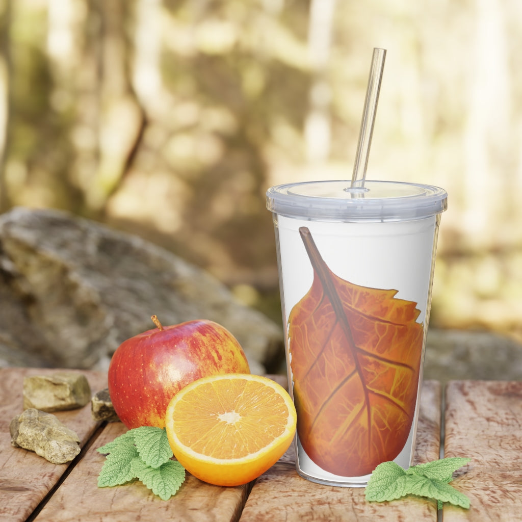 Orange Leaf Plastic Tumbler with Straw, featuring a customizable design insert and double wall insulation for temperature control.