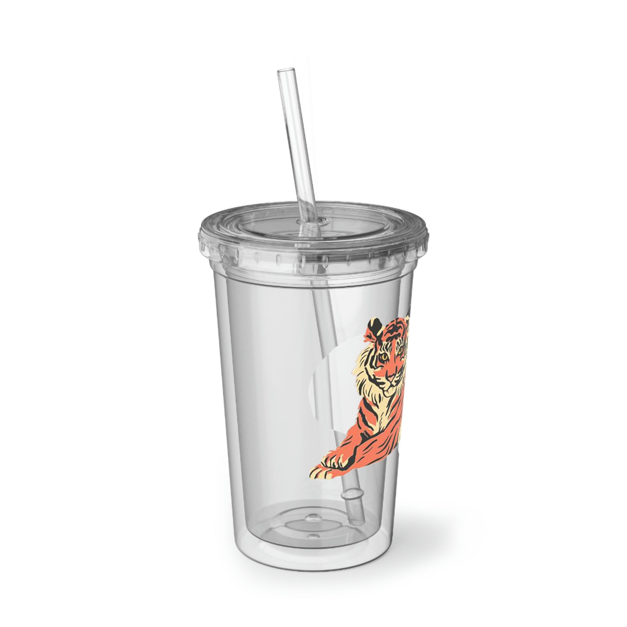 Orange Tiger Suave Acrylic Cup with a sleek stainless steel design and a black plastic straw, perfect for beverages.