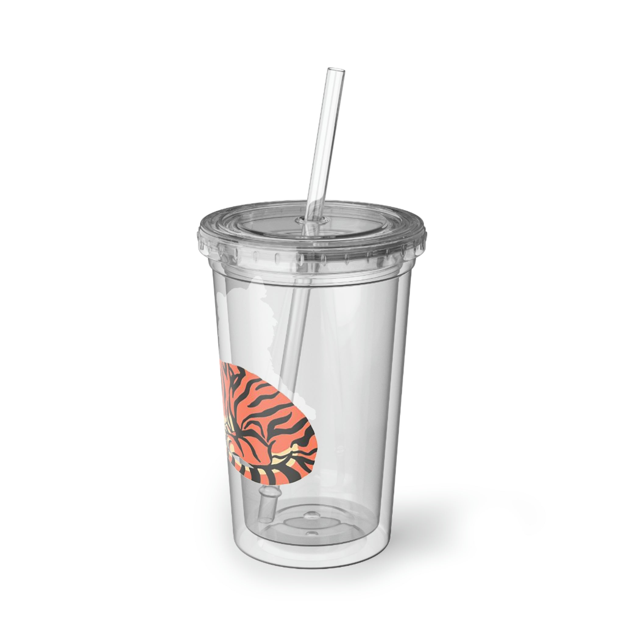 Orange Tiger Suave Acrylic Cup with a sleek stainless steel design and a black plastic straw, perfect for beverages.