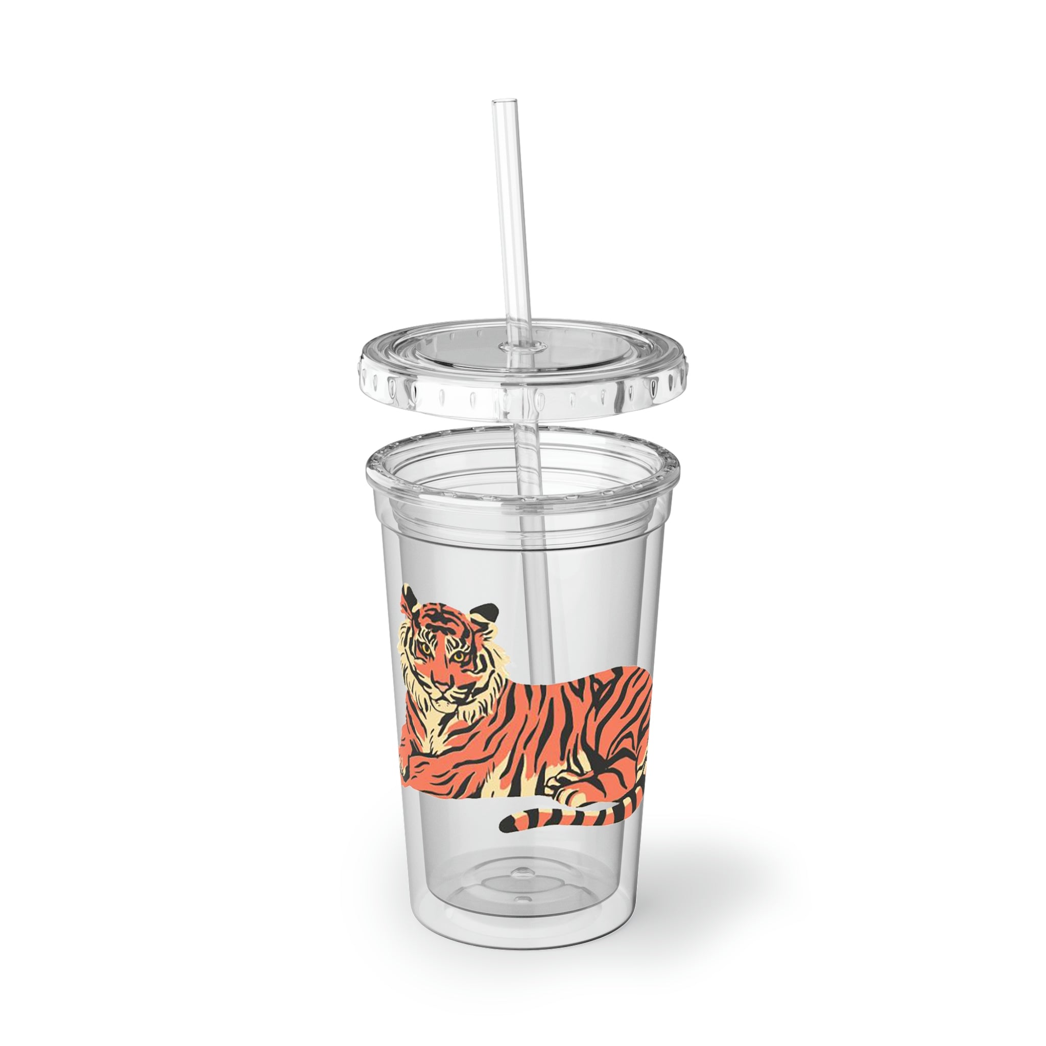 Orange Tiger Suave Acrylic Cup with a sleek stainless steel design and a black plastic straw, perfect for beverages.