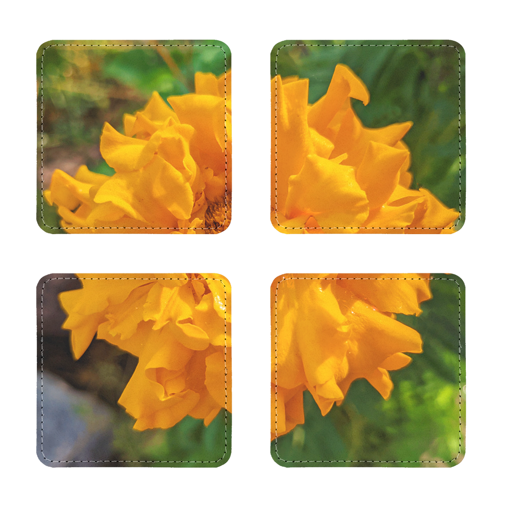 A pack of four OrangeFlower sublimation coasters made of PU leather, featuring a white printable face and elegant white stitching.